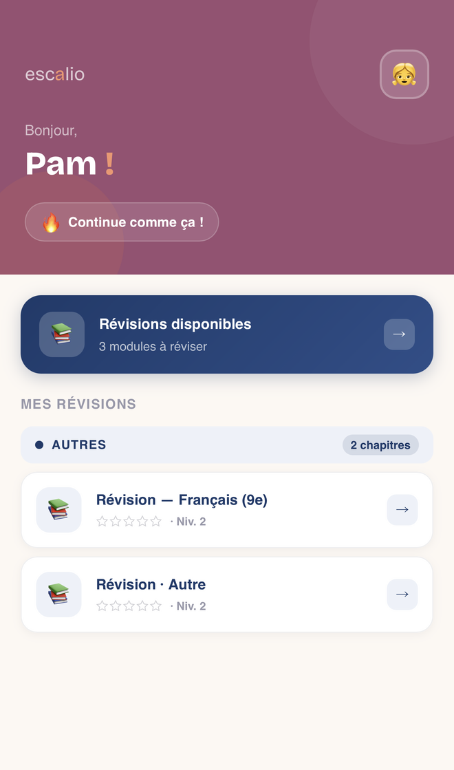 L'espace de l'enfant dans Escalio : ses révisions disponibles, prêtes à démarrer