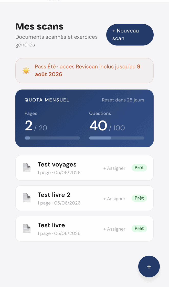 L'écran Mes scans de Reviscan : quota mensuel et documents prêts à assigner